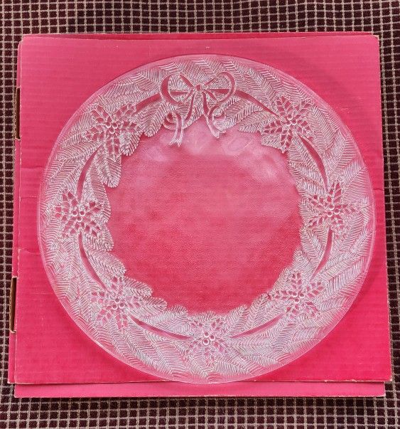 Vintage Pilgrim 13" Glass Party Platter - Etched Christmas Wreath Pattern with Original Box