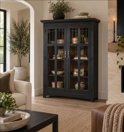 Bassett Furniture Distressed Black Glass Door Display Cabinet / Bookcase