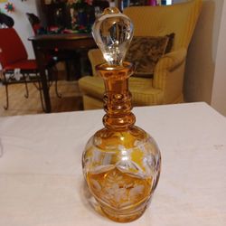 Beautiful Gold And Clear Glass Etched Decanter