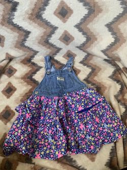 Oshkosh Girl Blue Denim Overall Dress Floral Skirt toddler Girls Sz. 3T