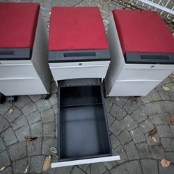 FILE CABINETS W/RED CUSHION AND CASTERS LOT OF 4