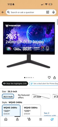 Acer Predator Gaming Monitor 240hz OLED. 26.5”