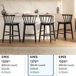 Wood Bar Stools Set of 4, Farmhouse 24" Barstool Counter Stools with Curved Back Counter Chairs for Kitchen Islands Dining Room, Black