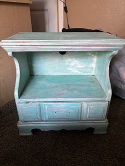 Distressed Turquoise Wood Nightstand with Drawer