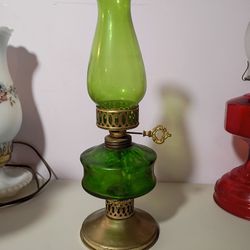 Vintage MCM Green Hurricane Glass Oil Lamp 