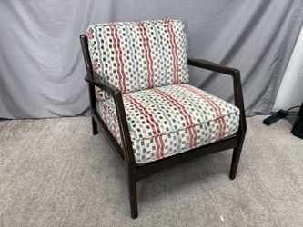 Vintage Mid-Century Modern Dark Wood Lounge Chair w/ Multicolored Checkered Cushion