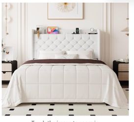 Full Size White Velvet Upholstered Bed Frame with Charging Station