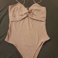 Beige Ribbed Twist Front Bodysuit
