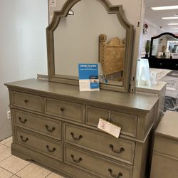 New Antique Grey Dresser, Mirror & Nightstand 