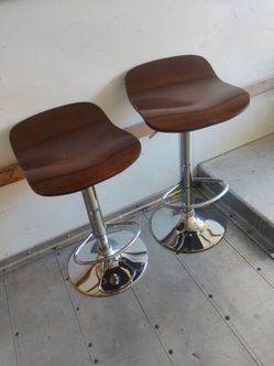 Bar Stool 24" Tall Gas Lift Curved Dark Wood Seat On Chrome Pedestal - 2 Available