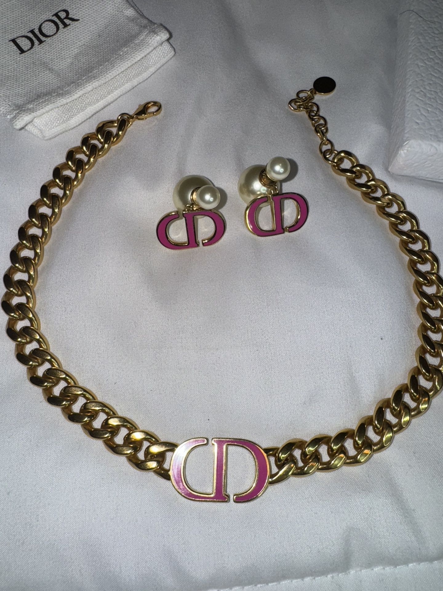 Dior Montaigne 30 Choker and Earrings Set Pink Enamel Gold Tone with Pearls