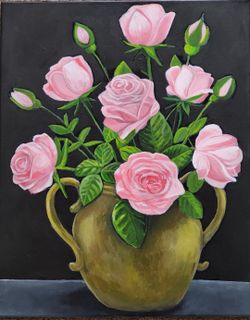 Acrylic brush  rose in gold vase painting