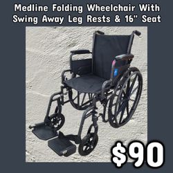 NEW Medline Folding Wheelchair With Swing Away Leg Rests & 16" Seat: Njft 