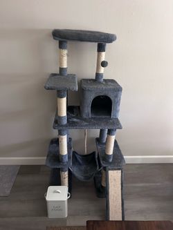 $60 for everything or best offer gray cat tree & white tin for cats and kittens. originally got cat tree for $85 and cat tin for $23. Willing to negot