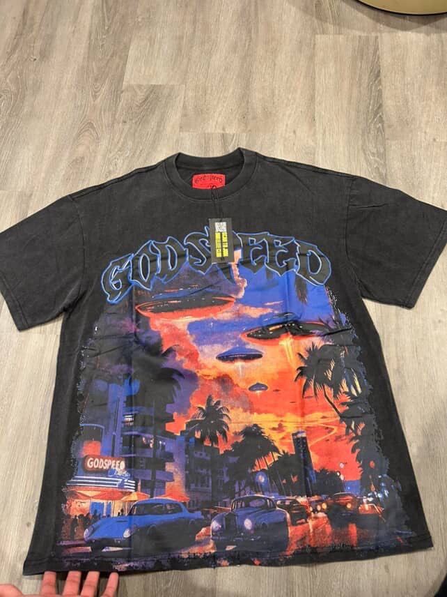 NEW Mens Godspeed Urban UFO print Tee Washed Short sleeved T-shirt