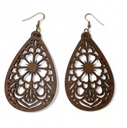 Filigree Earrings Boho Wooden Teardrop Dangle Drop 3.5 inch