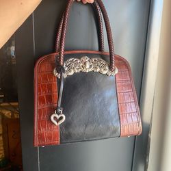 vintage Brighton Chantilly satchel bag in black and brown leather with a silver-plated front emblem
