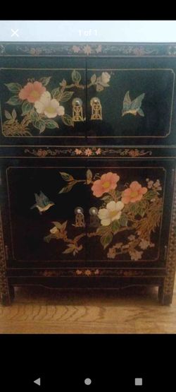 Vintage Chinese Black Lacquer Cabinet with Floral and Bird Motif