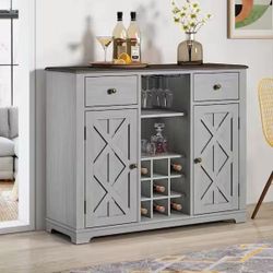47 in. Gray SOLID WOOD Bar Cabinet w/ Brushed Nickel Knobs.