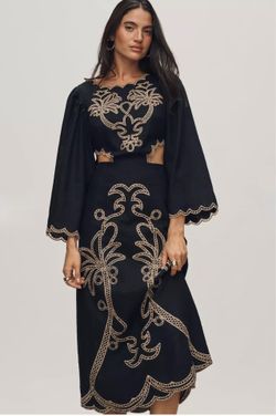 Farm Rio x Anthropologie Long-Sleeve Cutout Embroidered Midi Dress size L-NWT