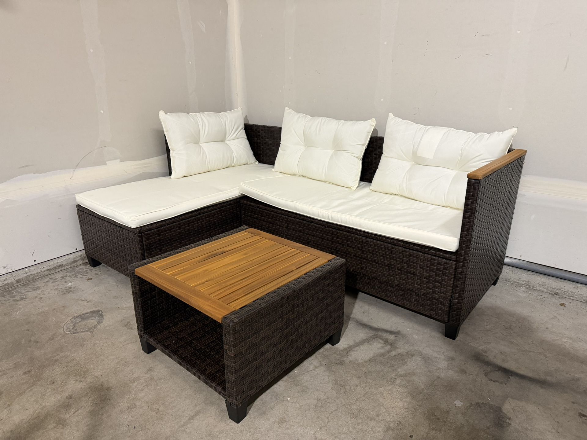 Wisteria Lane 3-Piece Patio Furniture Set, All-Weather PE Rattan Outdoor Sectional with Storage Table, L Shape Outdoor Couch with Cushions, Small Wick