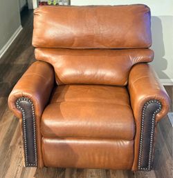 Brown Leather Recliner Chair with Nailhead Trim and swivel glider