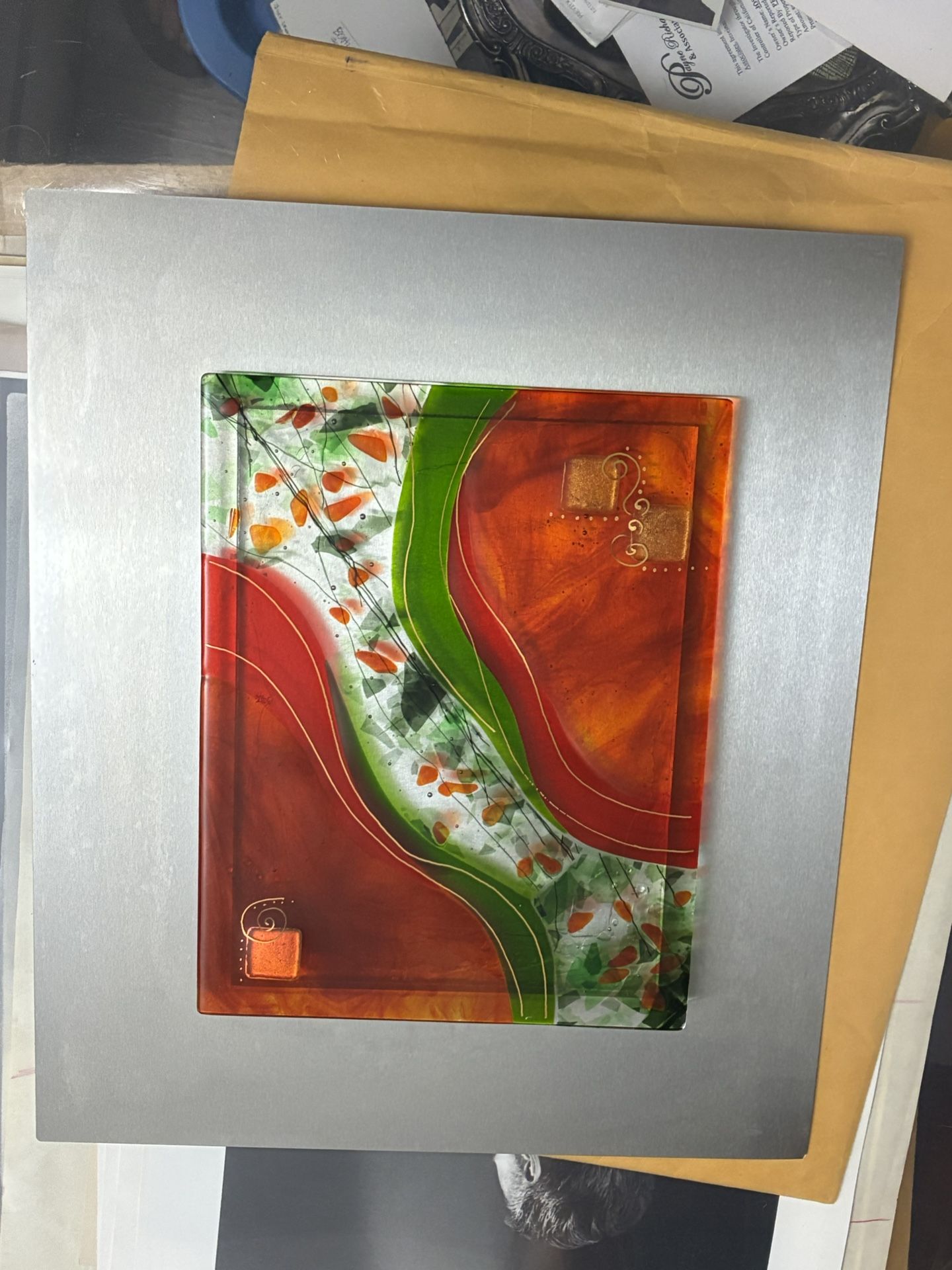 🖼️ Modern Abstract Glass Painting on Stainless Steel – Framed