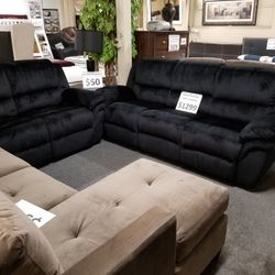 Brand New Black Padded Suede Manual Reclining Sofa  + Loveseat 2PCs Set