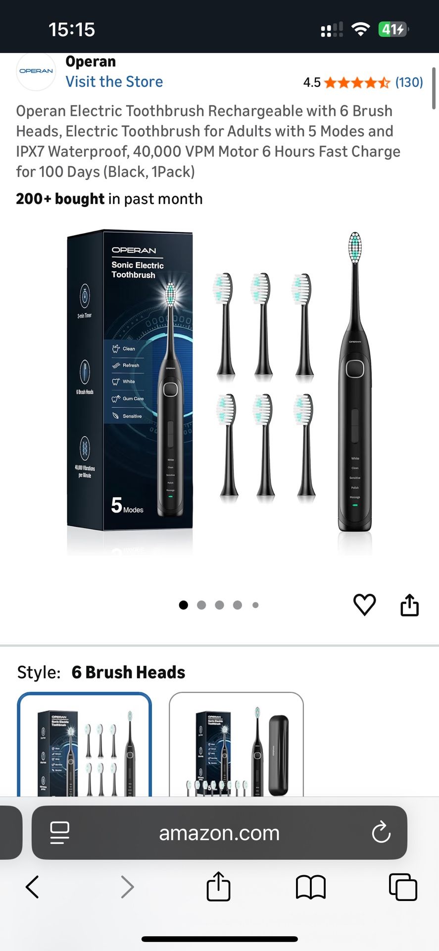 Operan Electric Toothbrush Rechargeable with 6 Brush Heads, Electric Toothbrush for Adults with 5 Modes and IPX7 Waterproof, 40,000 VPM Motor 6 Hours 