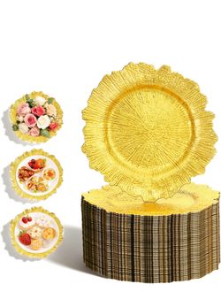Gold Charger Plates Bulk 100Pcs, 13" Gold Reef Chargers for Wedding Reinforced PP Plastic / Shatterproof / Colorfast Gold / Reusable & Easy-Clean / Ch