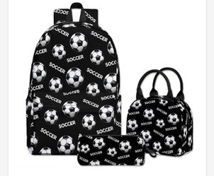 Okentiso Soccer Printed Backpack Set for Boys Kids, 3Pcs Bookbag with Pencil Case for school, 17 Inch Lightweight Laptop Backpack with Lunch Bag for M
