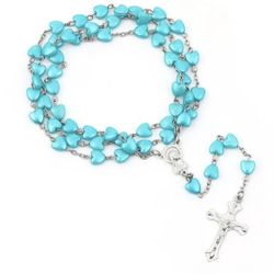 N174- Beautiful Blue Hearts Rosary, Jesus, Virgin Mary!