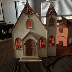 Handmade 3D hanging Style Wood Church with Stained Glass Windows 