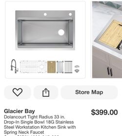 Glacier Bay Dolancourt Tight Radius 33 in. Drop-In Single Bowl 18G Stainless Steel Workstation Kitchen Sink with Spring Neck Faucet Store SKU# 1008-81