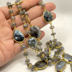 Natural labradorite gemstone 18k gold over 925 sterling long necklace
