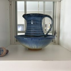 blue glazed pottery pitcher + bowl/wash basin set