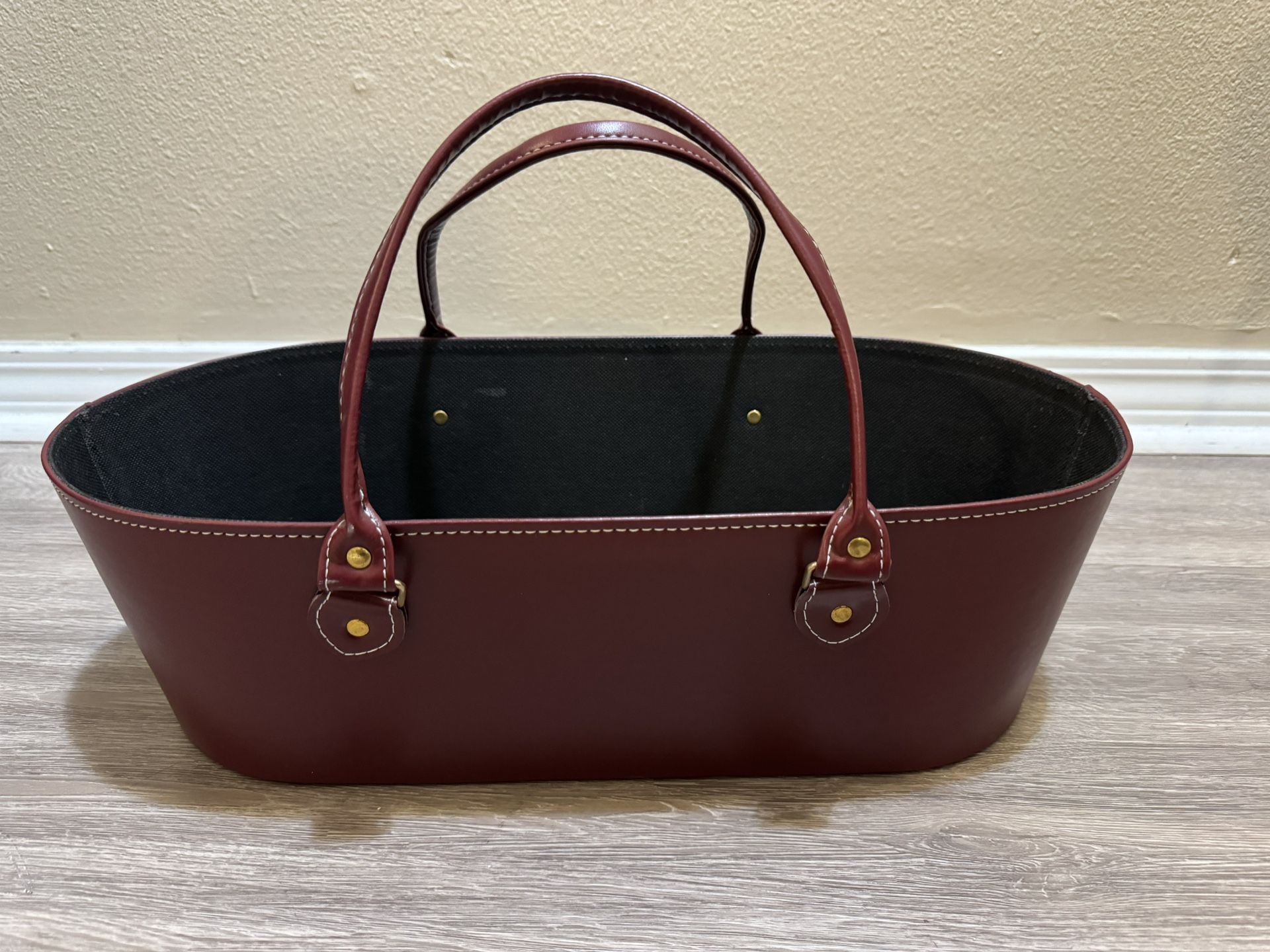 Burgundy leather basket 18x9x5.5”