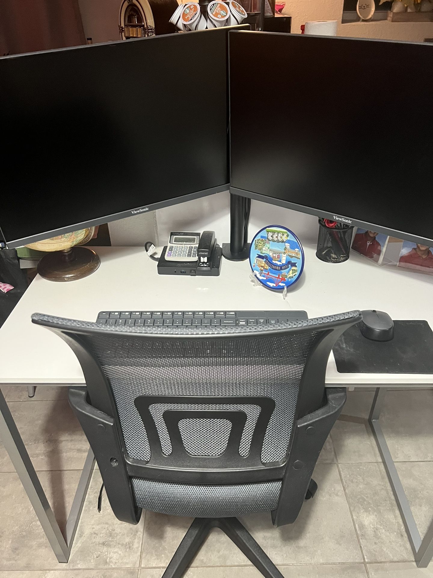 Desk With Chair, 2 Monitors, Keyboard , Mouse And Mouse Pad