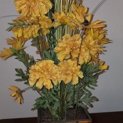 Home Decor Floral Arangement - 26" Height. Metal Trimmed In Wood Container.