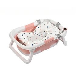 Collapsible Baby Bathtub with Thermometer, Portable Baby Shower Tub + Baby Tub Cushion + Bath Net, Folding Bathtub for 0-36 Month Newborn 