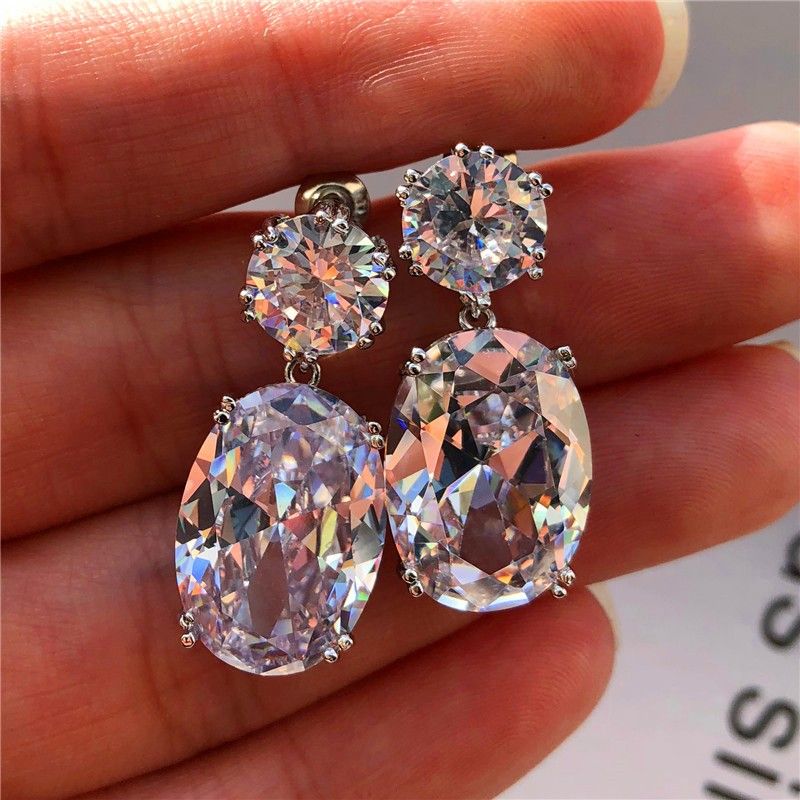 "Shiny Big Oval Zircon Silver Plated Drop Earrings for Women, VP1011