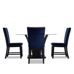 5 Piece Upholstery Navy Blue And Glass Dining Room Set 