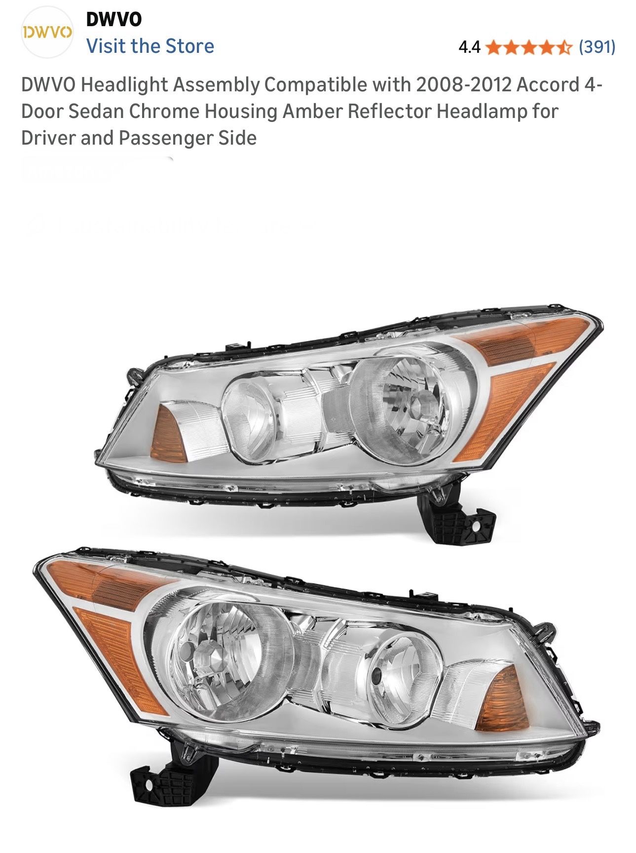 $85 Brand New Honda Accord 2008-2012 DWVO Headlight Assembly Compatible with 2008-2012 Accord 4-Door Sedan Chrome Housing Amber Reflector Headlamp for