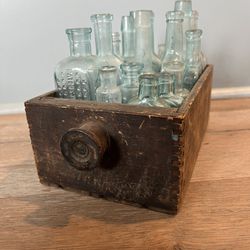 Antique Wood Box With 17 Old Glass Bottles