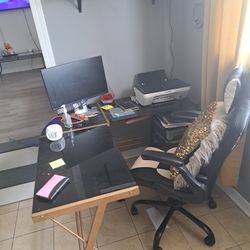 Black And Gold Glass L-shaped Desk