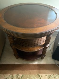 Round Three-Tier Wooden End Table with Cane Shelf