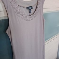Elegant Beige Taupe Tunic Blouse Top Short Dress Sleeveless Stretch 34"Long Fits Size M-L