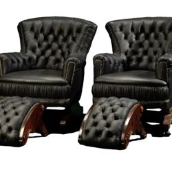 French Rockers & Footstools Upholstered In Black Leather