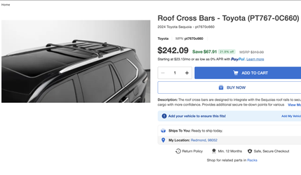 OEM Toyota Sequoia Roof Cross Bars (PT7670C660) NEW