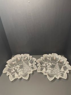 Pair of Vintage Mikasa "Christmas Story" Frosted Crystal Footed Bon Bon Bowls